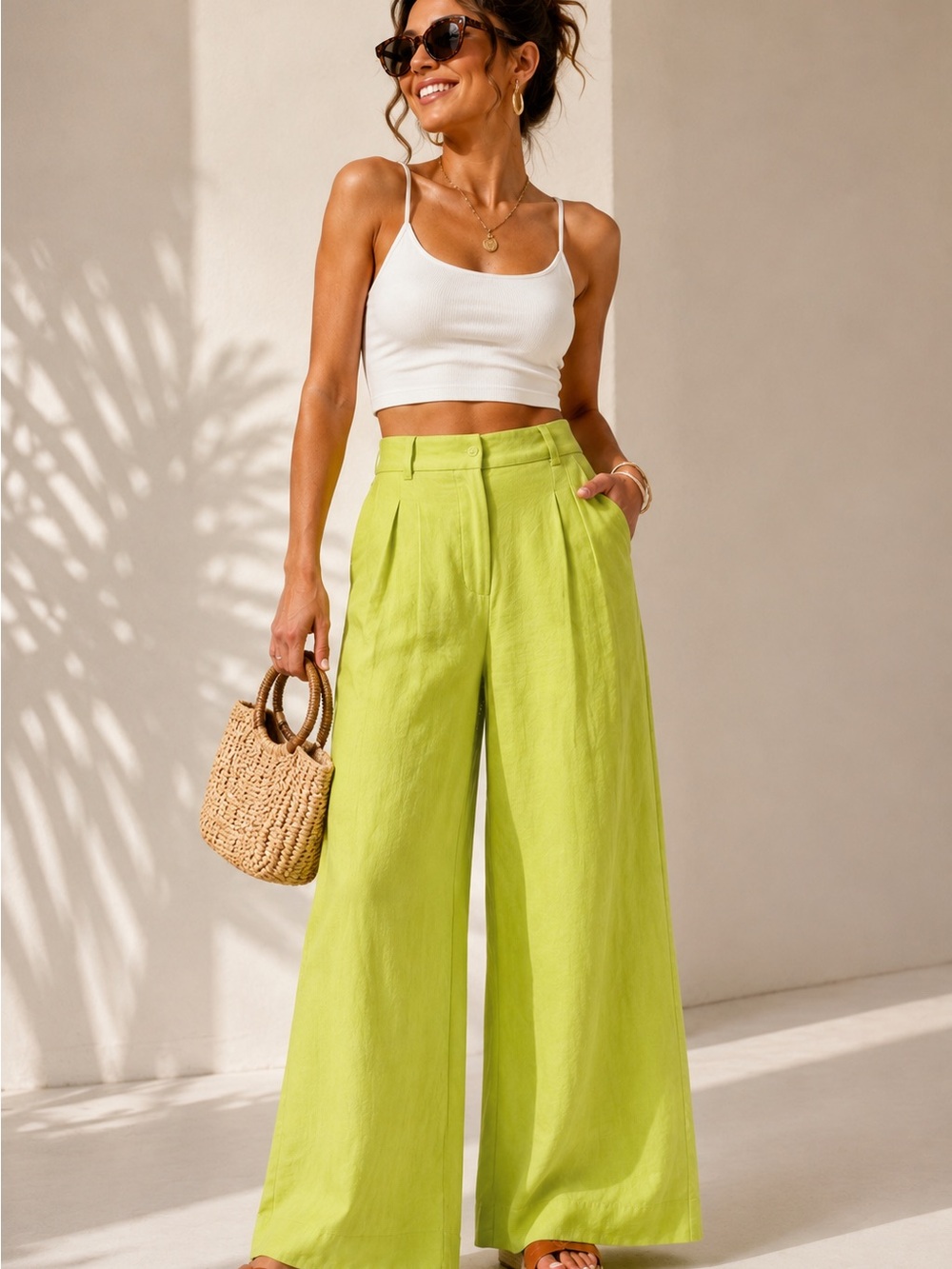 NWT FARM Rio High-Waist Linen Wide-Leg Pants in Lime 🍋🟩 🦜